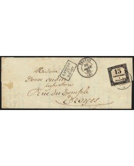 Timbres-Taxe n°3, 15c noir, oblitéré càd TROYES + cachet "après le départ"