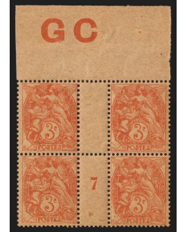 n°109, manchette GC et millésime 7, Blanc 3c orange, neuf ** sans charnière