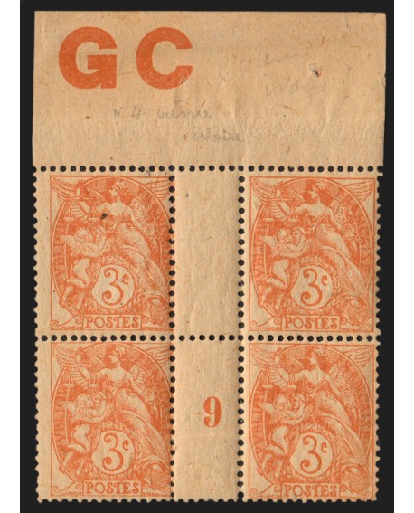 n°109, manchette GC et millésime 9, Blanc 3c orange, neuf ** sans charnière