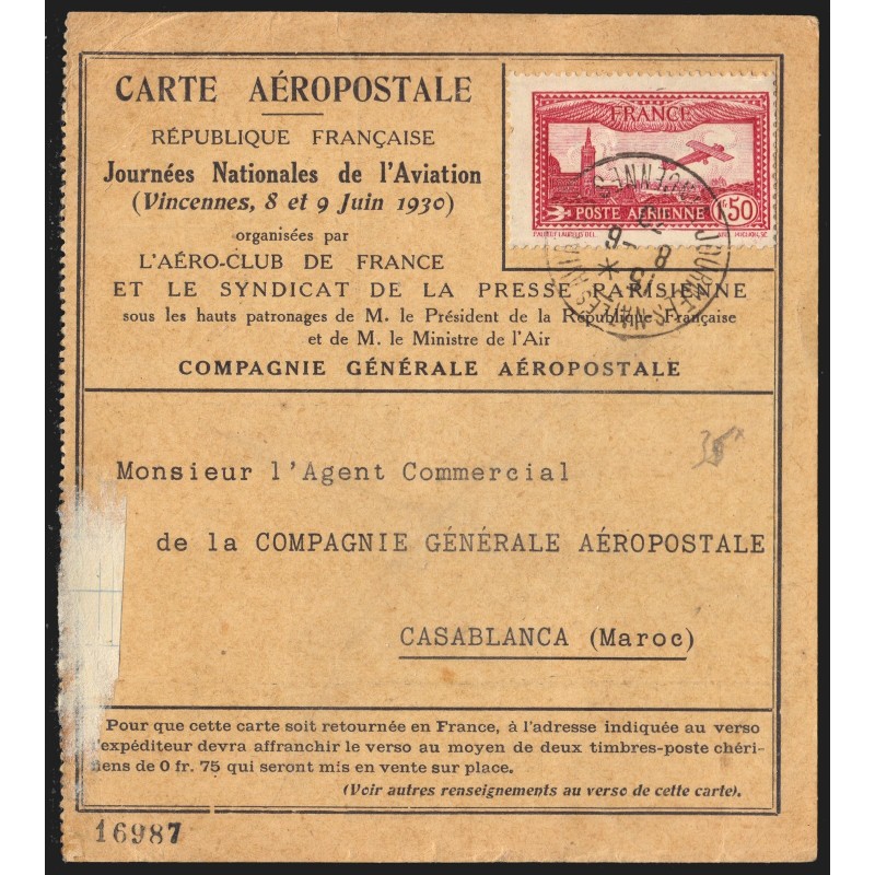 Poste Aérienne France/Maroc, sur carte aéropostale 8/6/1930 pour Casablanca