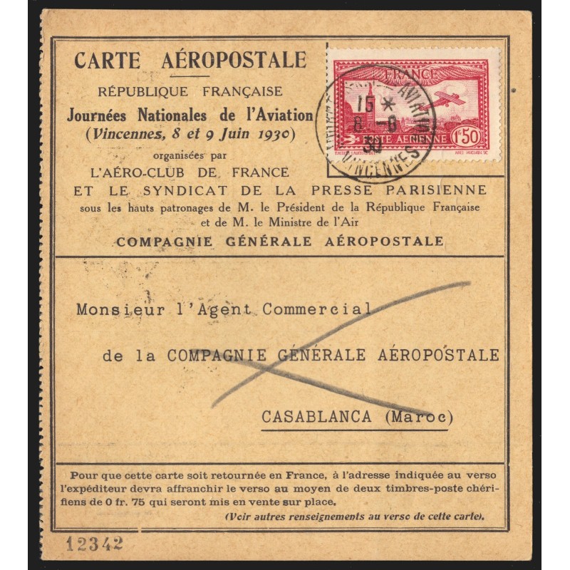 Poste Aérienne France/Maroc recto/verso, carte aéropostale 8/6/1930 Casablanca