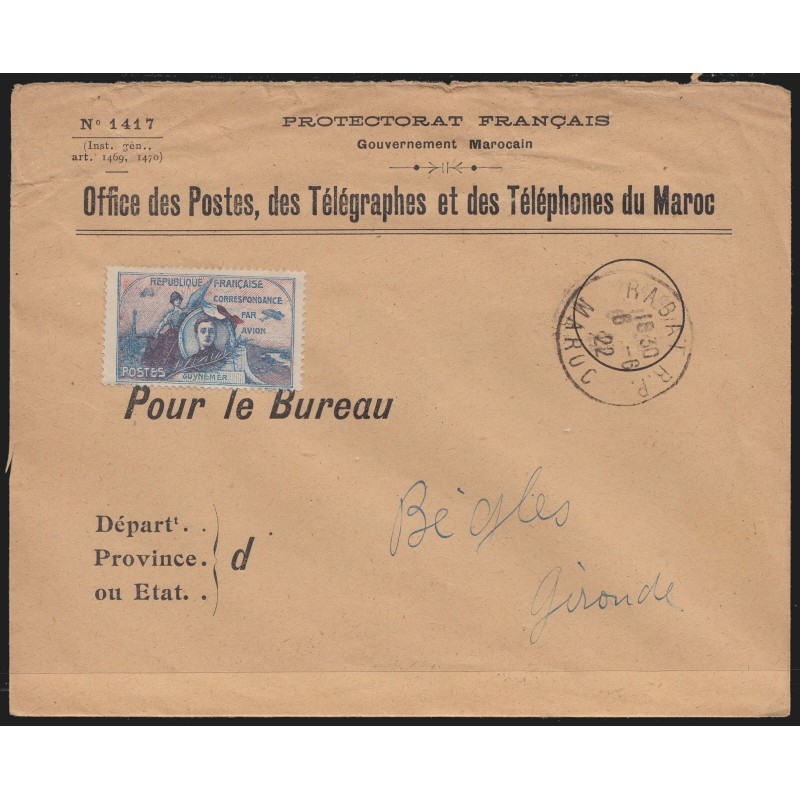 Etiquette Guynemer, lettre oblitérée RABAT Maroc 6/6/1922 pour Bègles