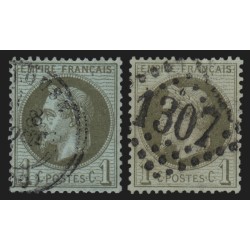 n°25/25a, les 2 nuances, Lauré 1c vert-bronze et vert-olive, oblitérés - TB