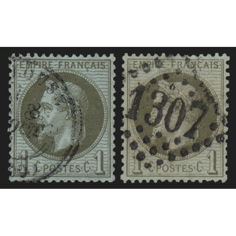 n°25/25a, les 2 nuances, Lauré 1c vert-bronze et vert-olive, oblitérés - TB