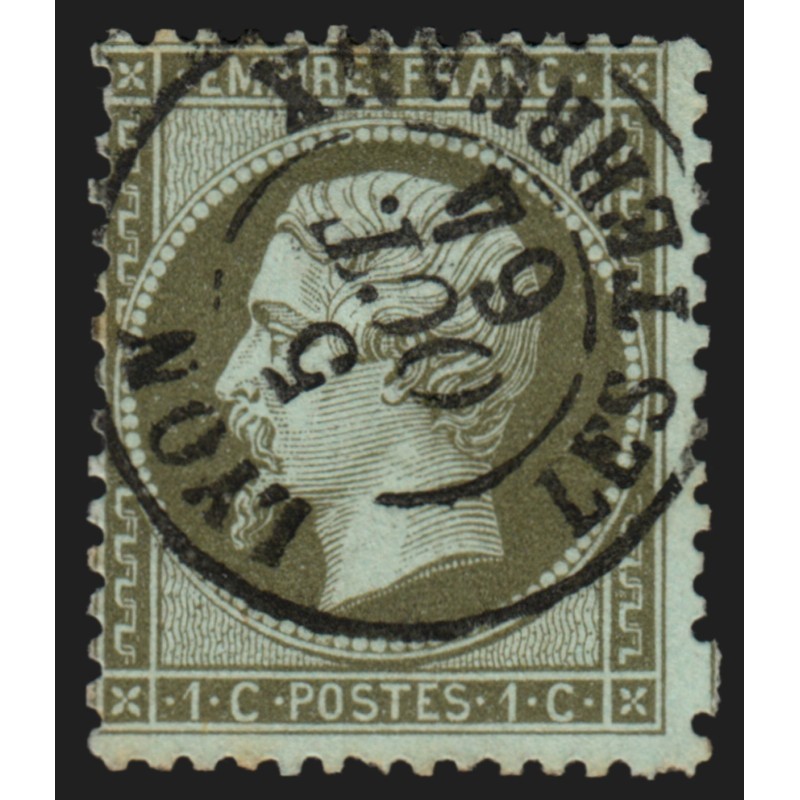 n°19, Napoléon 1c vert-olive, oblitéré càd LYON LES TERREAUX, variété piquage