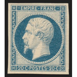 n°14A, Napoléon non-dentelé 1854, 20c bleu, neuf * légère trace de ch. SUPERBE