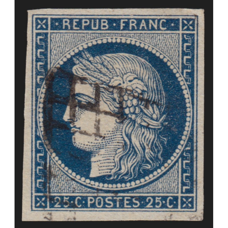 n°4, Cérès 1850, 25c bleu, oblitéré grille noire - TB