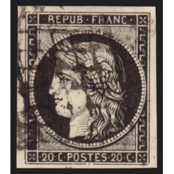 n°3a, Cérès 1849, 20c noir sur blanc, oblitéré grille - TB