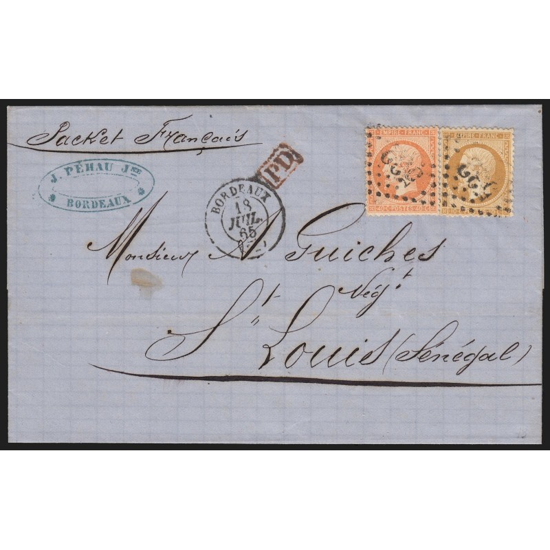 n°21 + 23, lettre de Bordeaux pour le SÉNÉGAL Saint-Louis, 1865 - TB