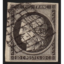 n°3a, petit bord de feuille, Cérès 1849, 20c noir sur blanc, oblitéré - TTB