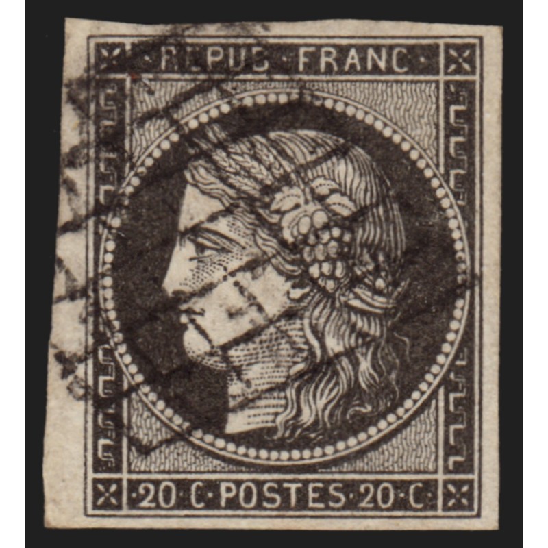 n°3a, petit bord de feuille, Cérès 1849, 20c noir sur blanc, oblitéré - TTB