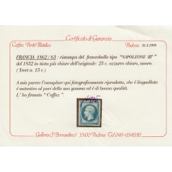 n°15c, Napoléon 25c bleu, réimpression de 1862, neuf *  Certificat - TB