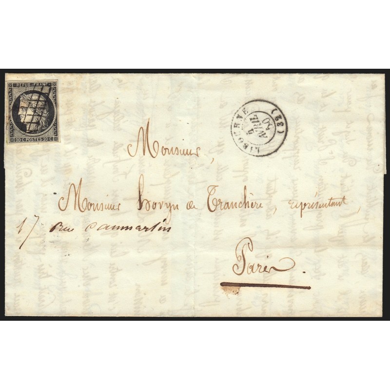 n°3, Cérès 20c noir, oblitéré LIBOURNE lettre pour Paris 1850 - TB