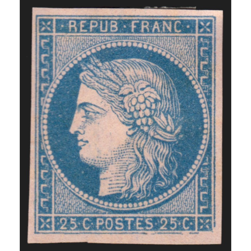 n°4, Cérès 1849, essai de couleur, 25c bleu sur rose, neuf (*) sans gomme - TB