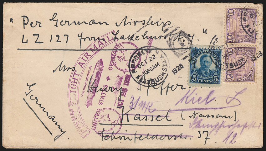 Graf Zeppelin 1er vol USA-ALLEMAGNE 22/10/1928 sur lettre pour Kassel